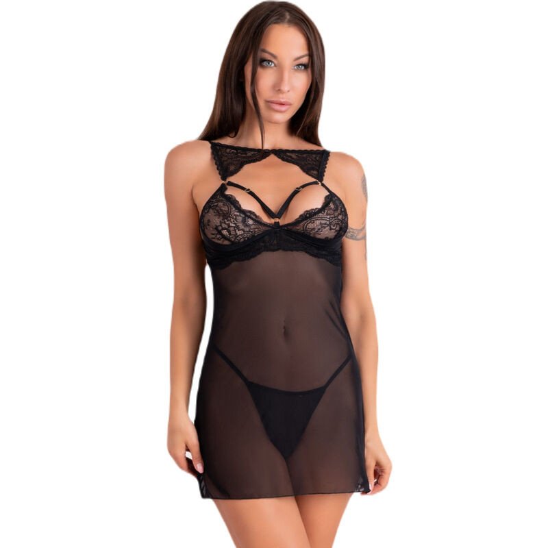 MODA LIVCO CORSETTI - KROLINA LC 90734 CHEMISE + TANGA NEGRO L/XL