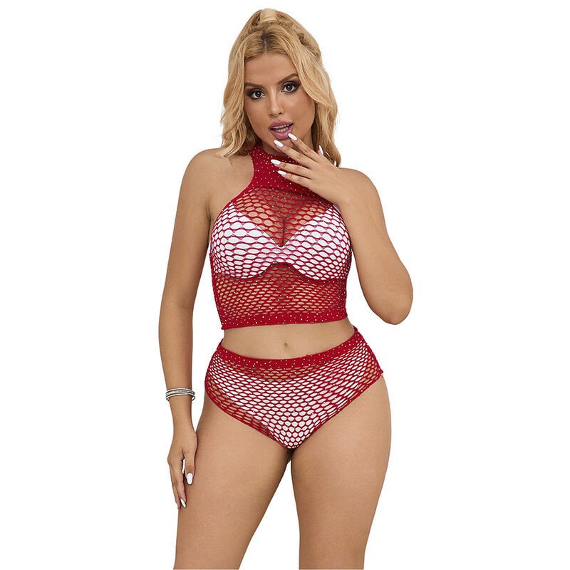 SUBBLIME - 952402 BODYSTOCKING CONJUNTO DE REJILLA CON BRILLANTES ROJO TALLA ÚNICA