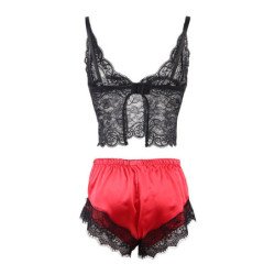 SUBBLIME - 953959 CAMISÓN INFORMAL DE SEDA + PANTALÓN ENCAJE NEGRO/ROJO S/M