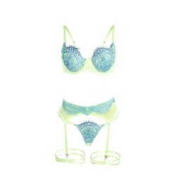 SUBBLIME - 955311 CONJUNTO DE SUJETADOR CON ENCAJE Y LIGUEROS VERDE Y AZUL S/M