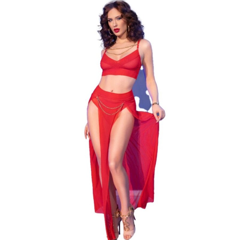 CHILIROSE - CR 4850 SET TOP ROJO Y LEGGINS CON COMPLEMENTOS DORADOS XL