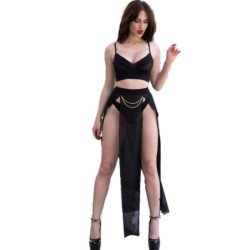 CHILIROSE - CR 4672 TOP NEGRO FALDA Y TANGA CON CADENAS DORADAS S