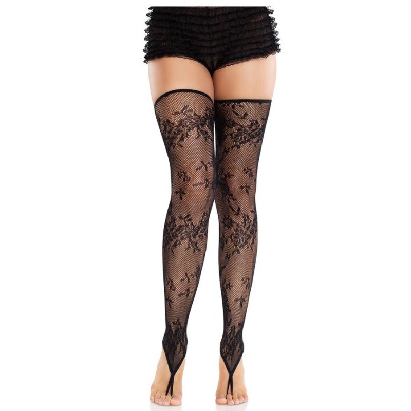 LEG AVENUE - MEDIAS SIN PIE CON ENCAJE FLORAL NEGRAS