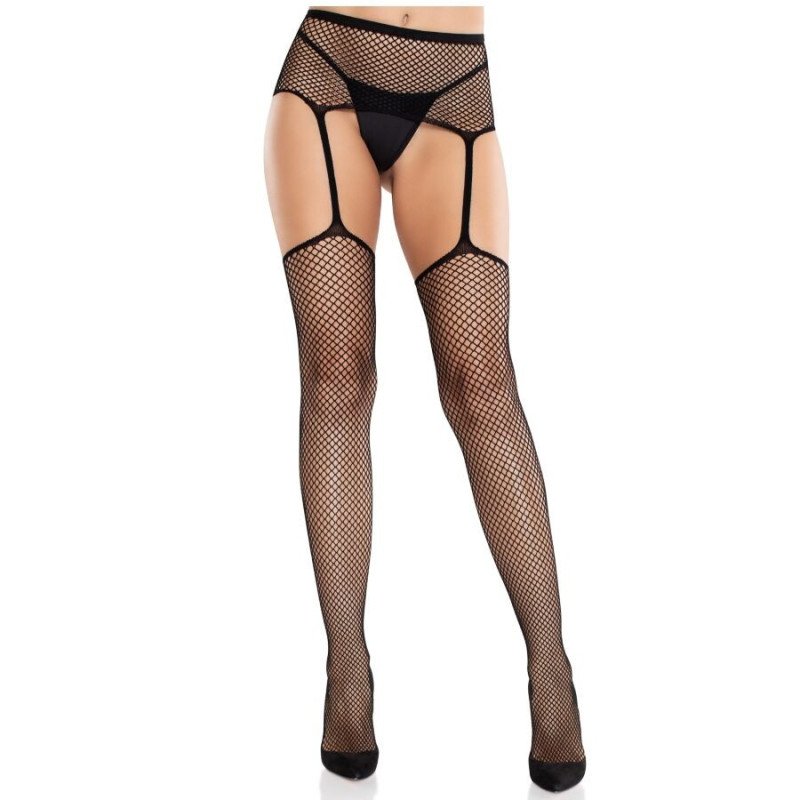 LEG AVENUE - MEDIAS DE ENCAJE CON CRUZ Y LIGUERO NEGRO