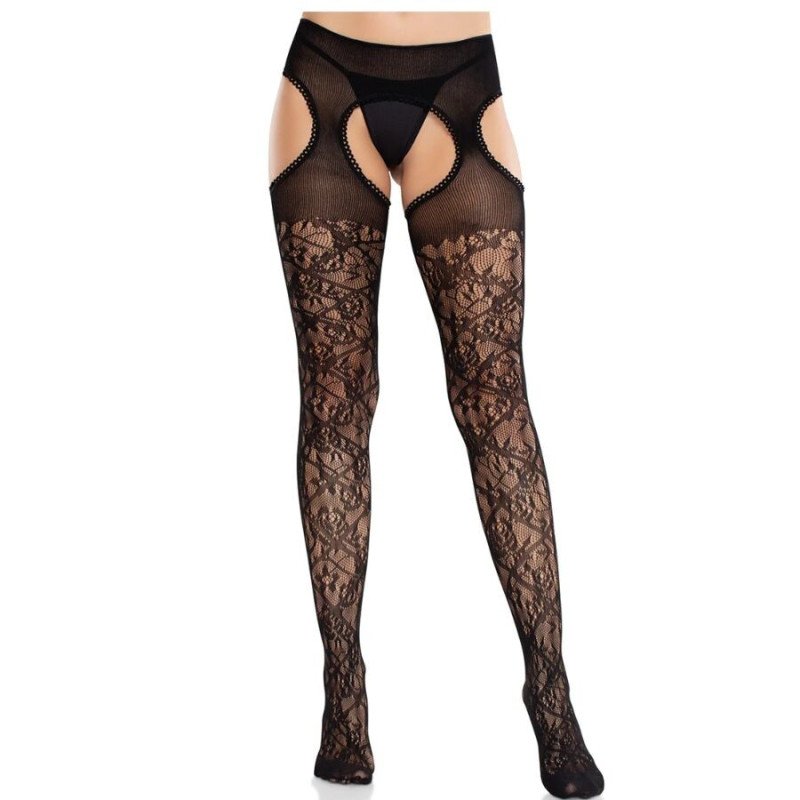 LEG AVENUE - MEDIAS DE ENCAJE FLORAL CON LIGUEROS UNITED BLACK
