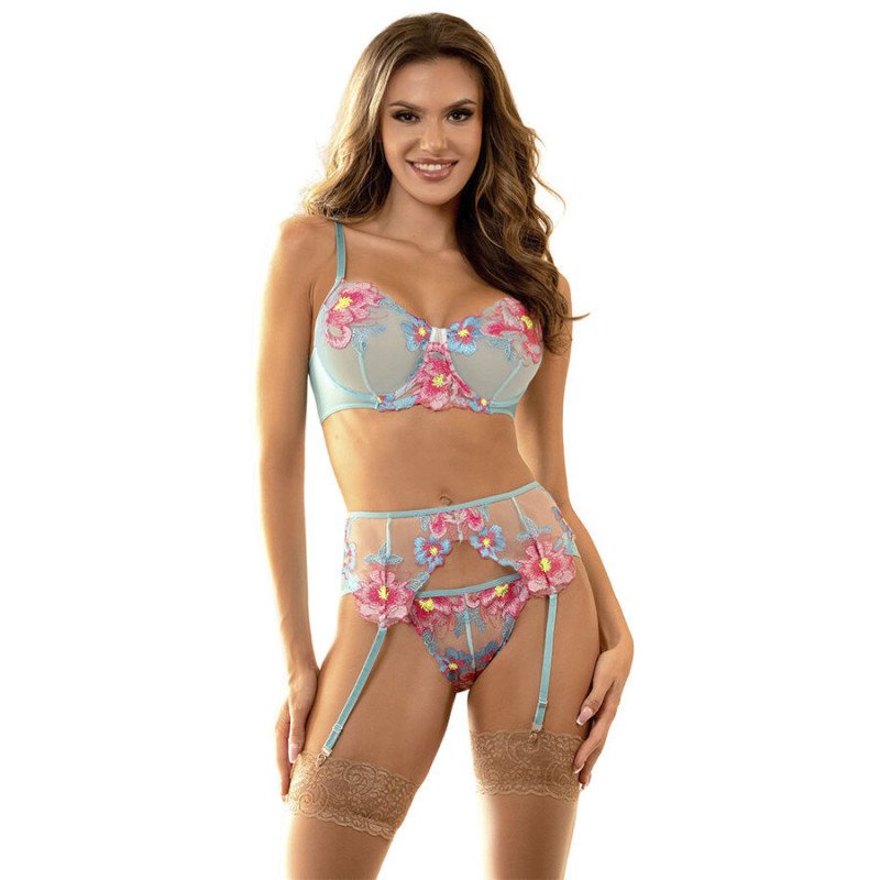 SUBBLIME - 957650 CONJUNTO SUJETADOR Y LIGUERO CON BORDADOS DE FLORES ROSAS L/XL