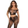 LEG AVENUE - CROP TOP Y LEGGING DE REJILLA CON HOMBROS DESCUBIERTOS NEGRO