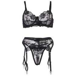 SUBBLIME - 945244 SUJETADOR + PANTIES CON LIGUERO DISEÑO FLORAL NEGRO L/XL