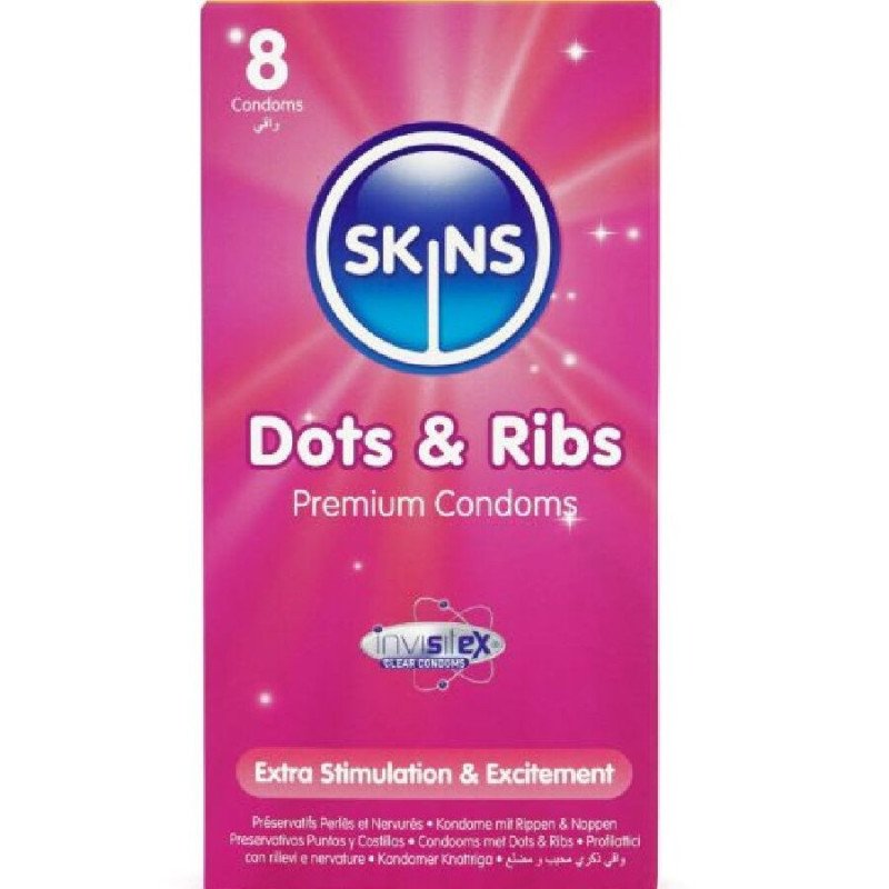 CONDONES PREMIUM SKINS - DOTS & RIBS (PAQUETE DE 8)