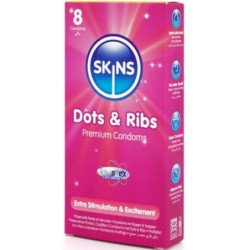 CONDONES PREMIUM SKINS - DOTS & RIBS (PAQUETE DE 8)