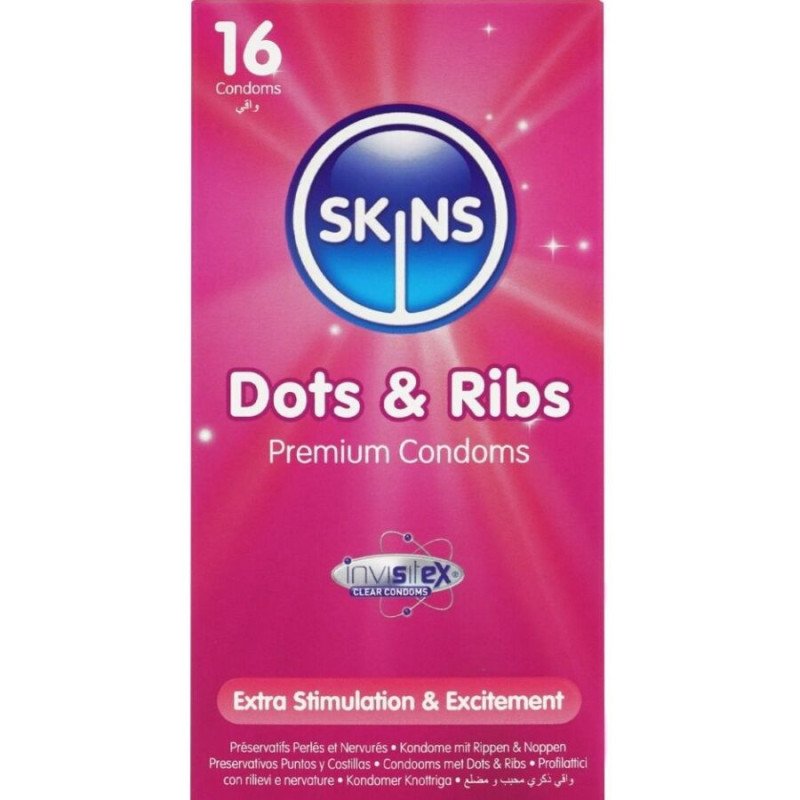 CONDONES PREMIUM SKINS - DOTS & RIBS, PAQUETE DE 16