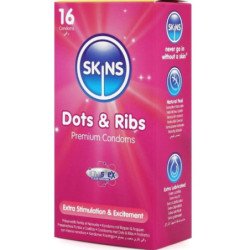 CONDONES PREMIUM SKINS - DOTS & RIBS, PAQUETE DE 16