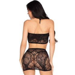 LEG AVENUE - 81676 CONJUNTO DE TOP DE ENCAJE + MINIFALDA NEGRO - TALLA ÚNICA
