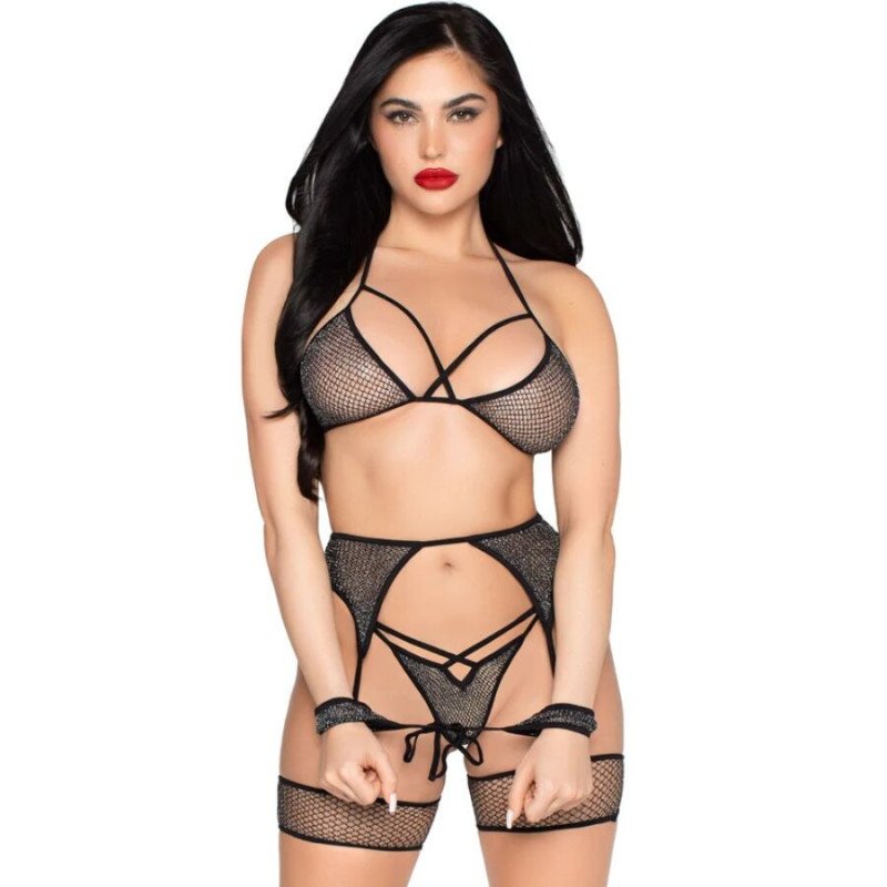 LEG AVENUE - 89362 CONJUNTO DE TOP + TANGA + LIGUERO + ESPOSAS NEGRO - TALLA ÚNICA