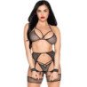 LEG AVENUE - 89362 CONJUNTO DE TOP + TANGA + LIGUERO + ESPOSAS NEGRO - TALLA ÚNICA