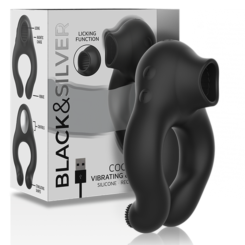 BLACK&SILVER - ANILLO VIBRADOR DE SILICONA RECARGABLE CON 3 MOTORES, COLOR NEGRO