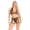 LEG AVENUE - 86148 TOP DE SUJETADOR Y BRAGUITA DE ENCAJE CON LIGUEROS NEGRO - TALLA ÚNICA