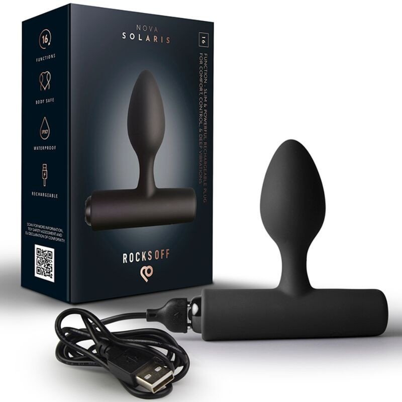 ROCKS-OFF - NOVA SOLARIS TAPON ANAL RECARGABLE, DELGADO Y POTENTE, 16 FUNCIONES, NEGRO