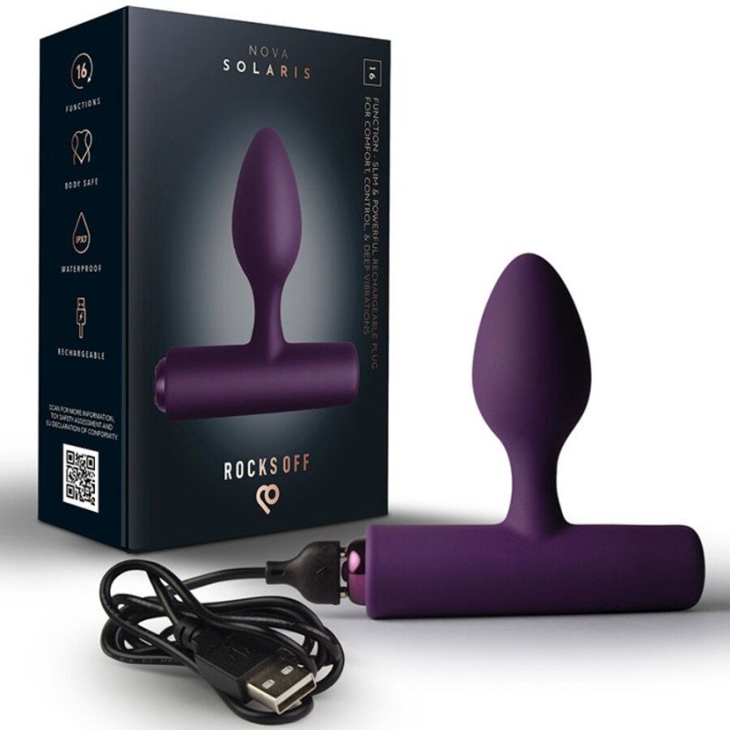 ROCKS-OFF - NOVA SOLARIS TAPON ANAL RECARGABLE, DELGADO Y POTENTE, 16 FUNCIONES, COLOR MORADO