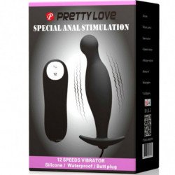 PRETTY LOVE - TAPÓN ANAL DE SILICONA CON 12 MODOS DE VIBRACIÓN, COLOR NEGRO