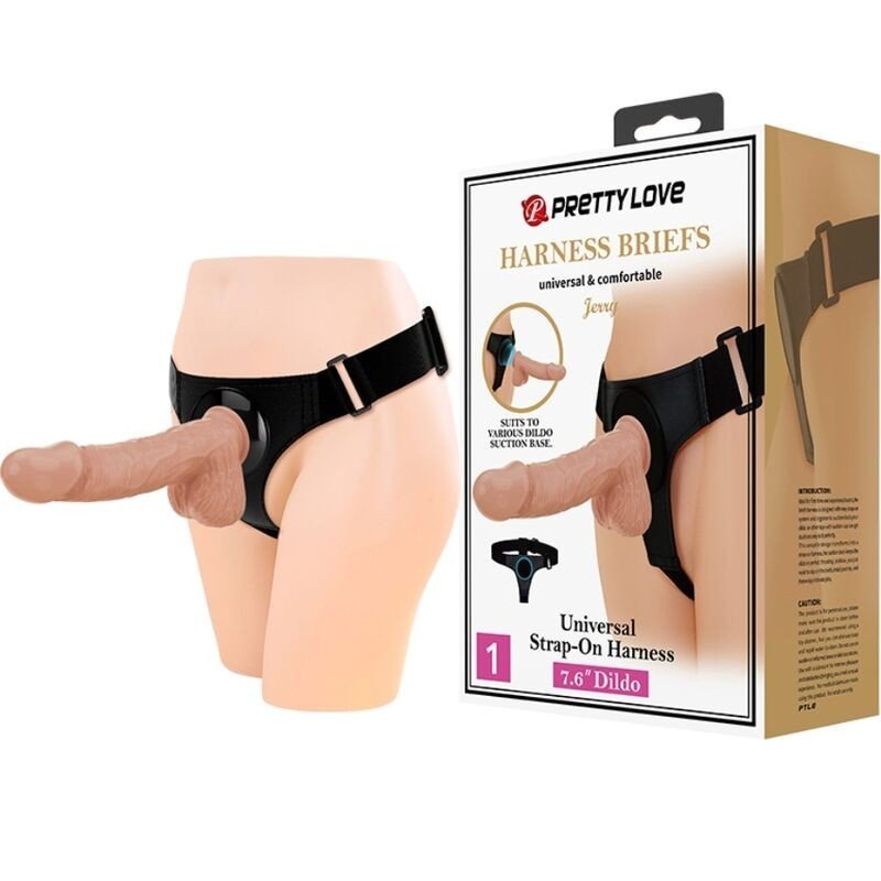 PRETTY LOVE - BRAGUITAS CON ARNÉS ARNÉS UNIVERSAL CON DILDO JERRY 21,8 CM NATURAL
