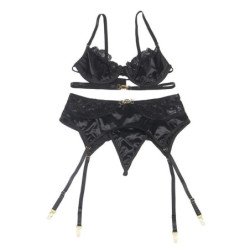 SUBBLIME - CONJUNTO DE 3 PIEZAS SUJETADOR + TANGA + LIGUERO DE ENCAJE NEGRO L/XL