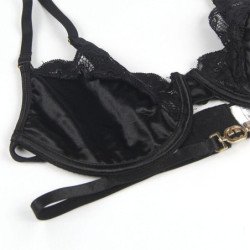 SUBBLIME - CONJUNTO DE 3 PIEZAS SUJETADOR + TANGA + LIGUERO DE ENCAJE NEGRO L/XL