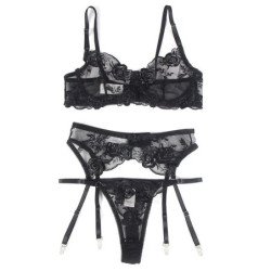 SUBBLIME - CONJUNTO DE 3 PIEZAS SUJETADOR + TANGA + LIGUERO ESTAMPADO FLORAL NEGRO L/XL