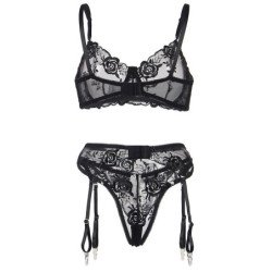 SUBBLIME - CONJUNTO DE 3 PIEZAS SUJETADOR + TANGA + LIGUERO ESTAMPADO FLORAL NEGRO L/XL