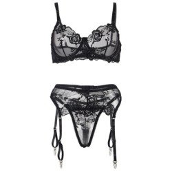 SUBBLIME - CONJUNTO DE 3 PIEZAS SUJETADOR + TANGA + LIGUERO ESTAMPADO FLORAL NEGRO TALLA S/M