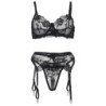 SUBBLIME - CONJUNTO DE 3 PIEZAS SUJETADOR + TANGA + LIGUERO ESTAMPADO FLORAL NEGRO TALLA S/M