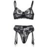 SUBBLIME - CONJUNTO DE 3 PIEZAS SUJETADOR + TANGA + LIGUERO ESTAMPADO FLORAL NEGRO TALLA S/M